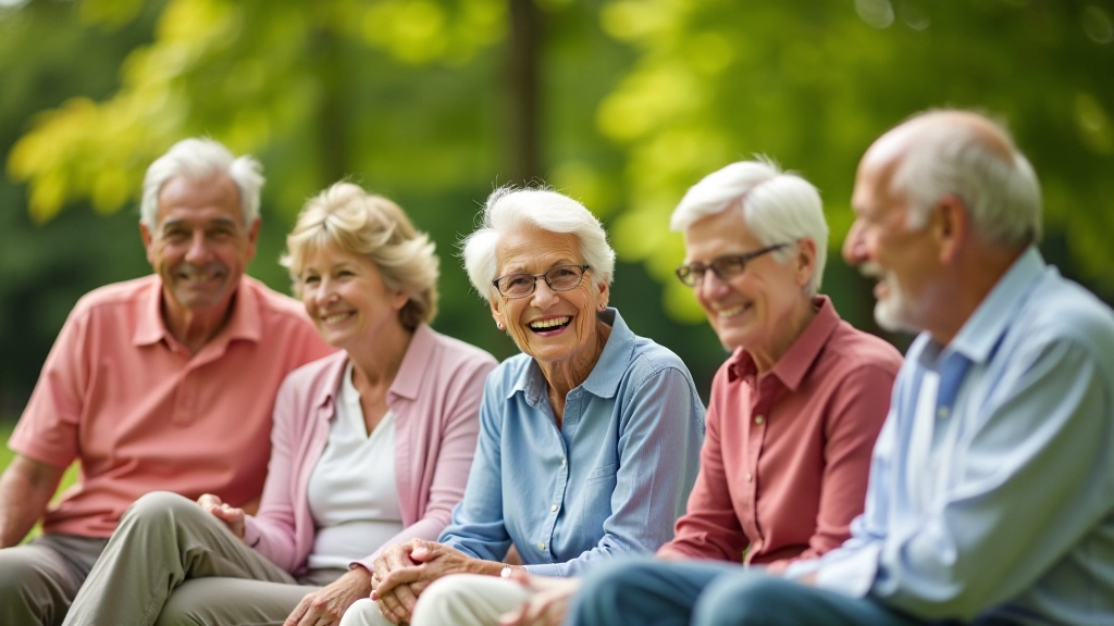 Diverse group of active older adults laughing together during outdoor wellness meetup
