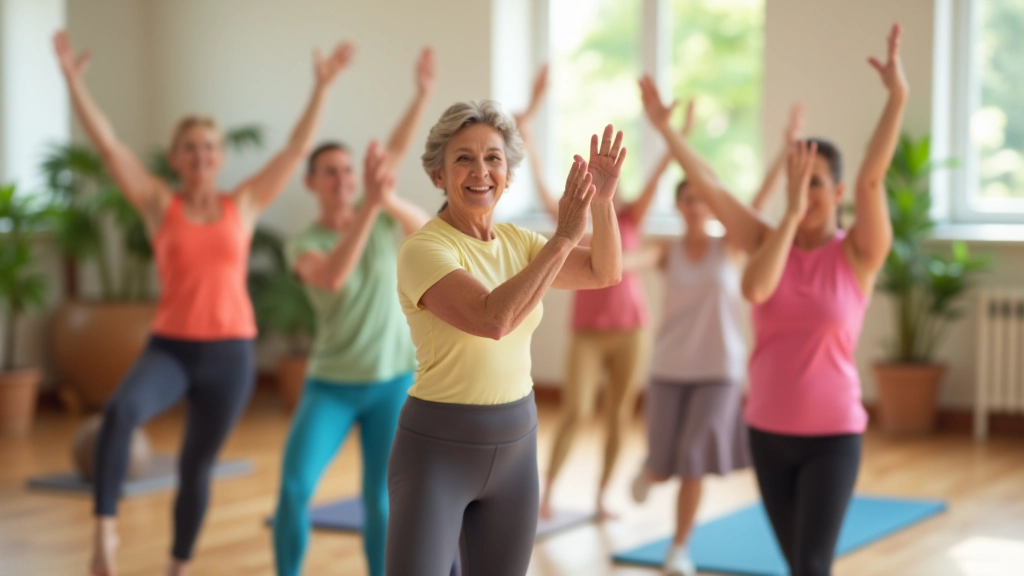 Small group of mature adults in a bright gym space performing gentle stretching exercises together