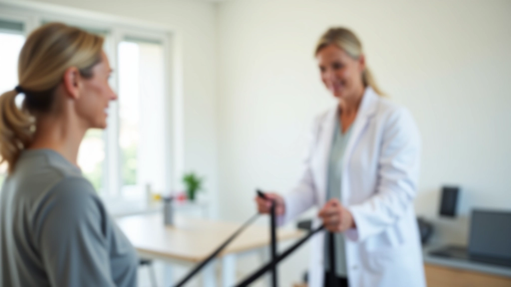 Physical therapist demonstrating balance and stability techniques to a client in a clinical wellness setting