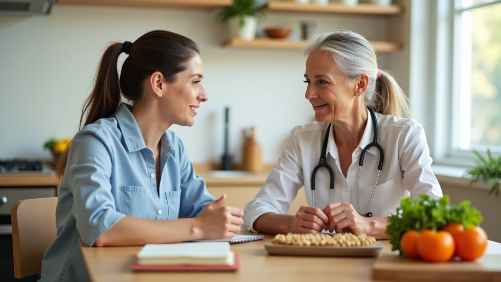 Nutritionist consulting with a mature client about healthy food choices and meal planning strategies