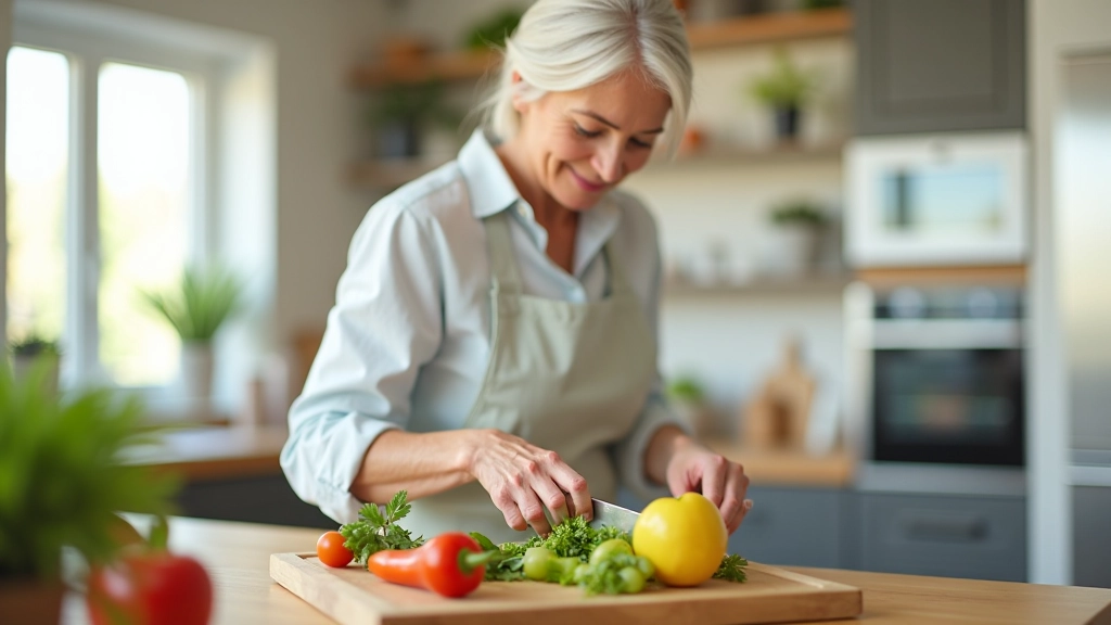 Mature woman in bright kitchen preparing fresh salad with leafy greens, colorful vegetables, and olive oil for nutritious meal